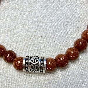Men’ beaded bracelet,Tiger Eye healing gemstone,stretch,silver plated charm.7.5”